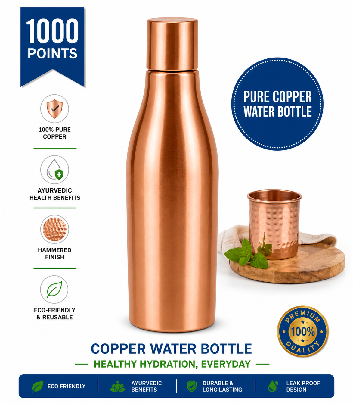 Premium Copper Water Bottle